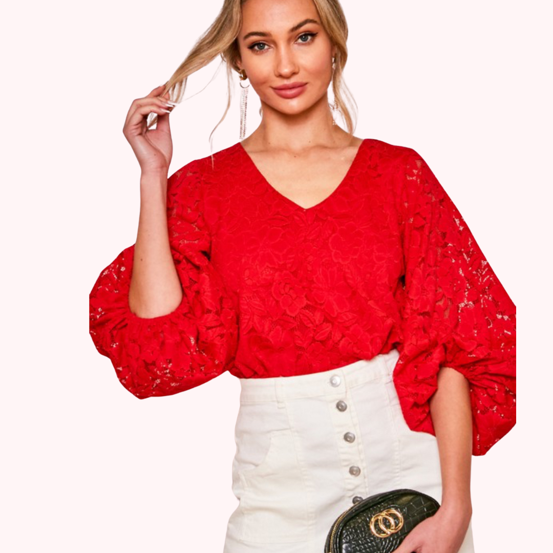 Ballon Sleeve Corded Lace Blouse