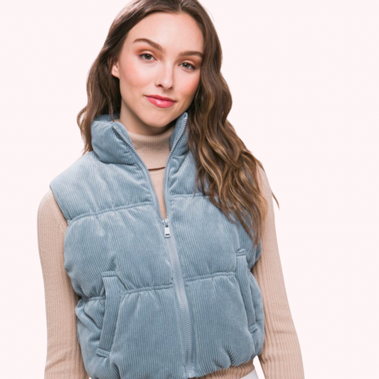 Corduroy Puffer Vest With Pockets