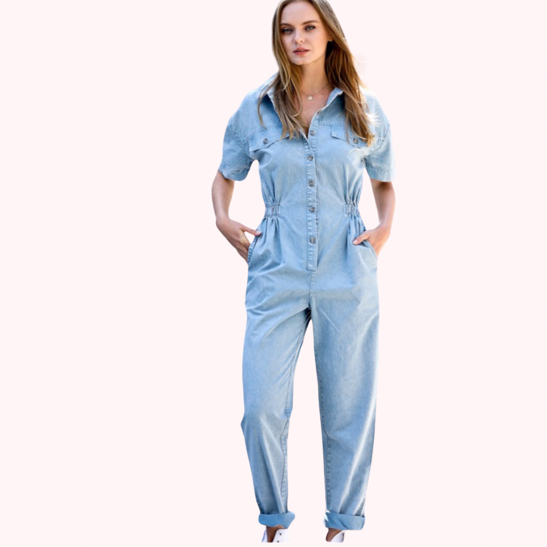 Back Elastic Short Sleeve Collar Denim Jumpsuit