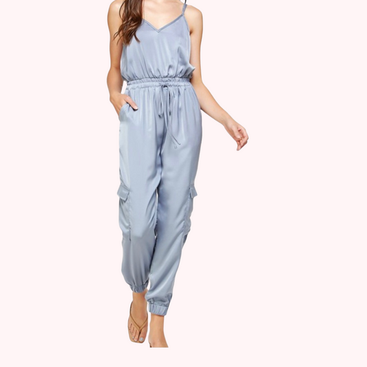 Jina V Neck Satin Cargo Jumpsuit