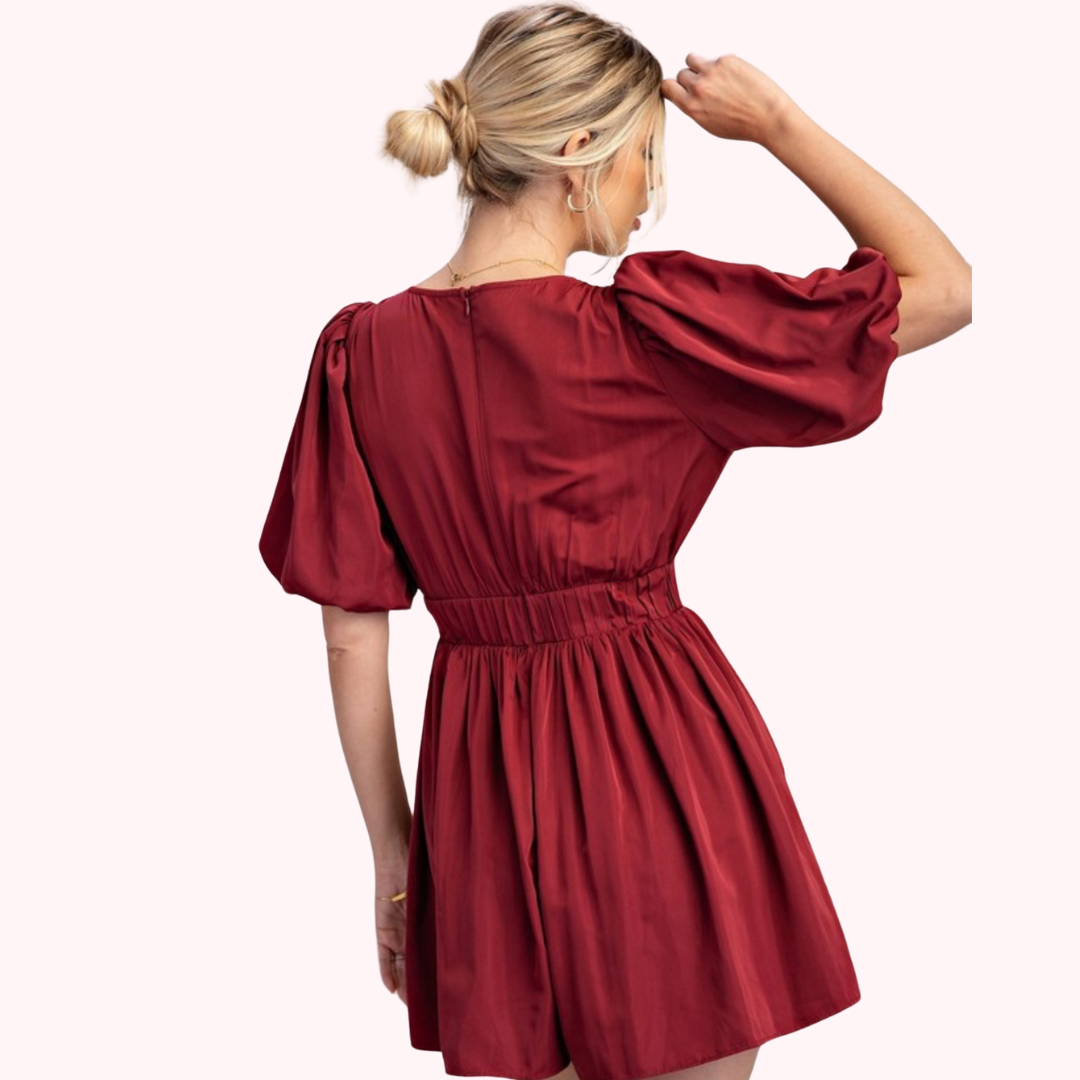 Ballon Sleeve V Neck Romper