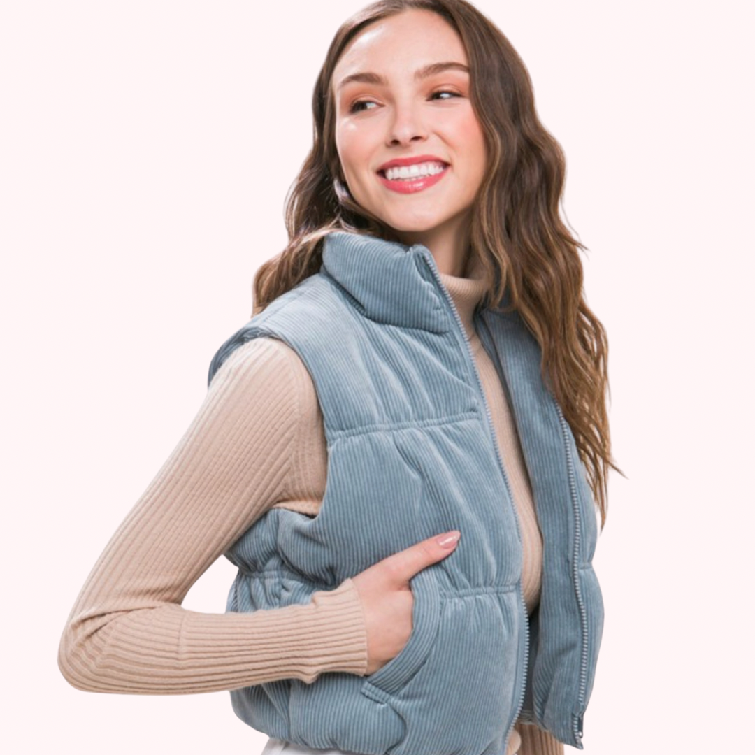 Corduroy Puffer Vest With Pockets