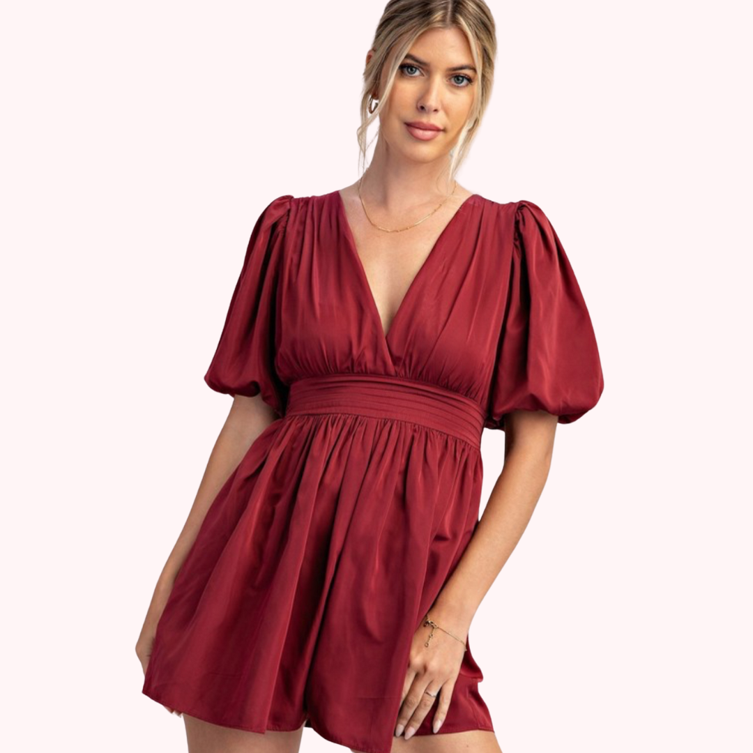 Ballon Sleeve V Neck Romper