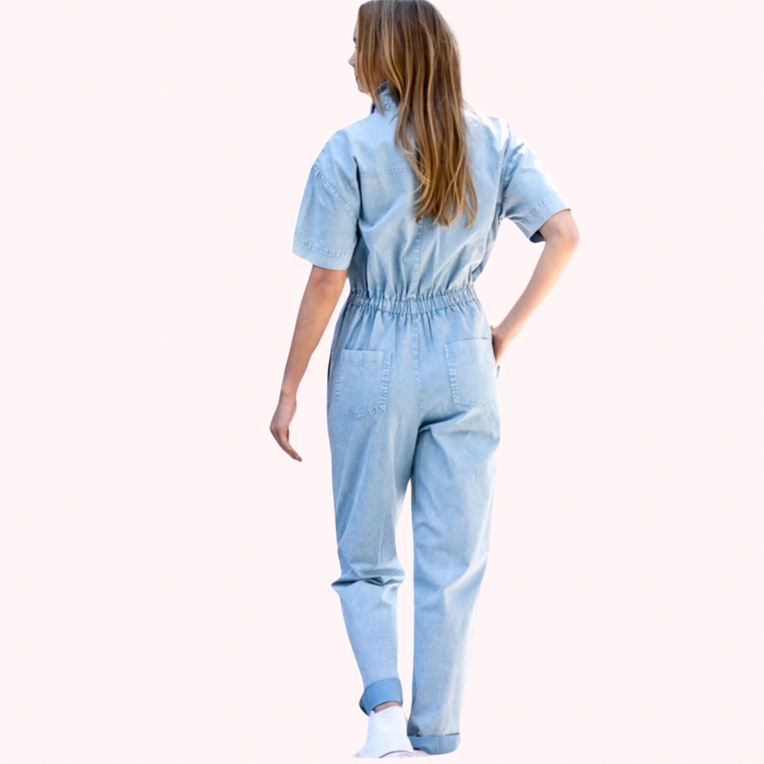 Back Elastic Short Sleeve Collar Denim Jumpsuit