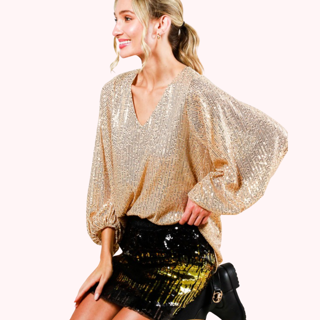 Ballon Sequin V Neck Blouse